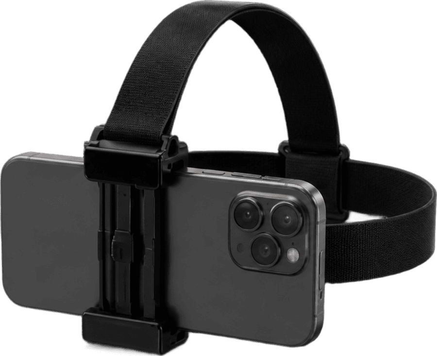 A phone head mount: an elastic strap with a clamp holding a smartphone.