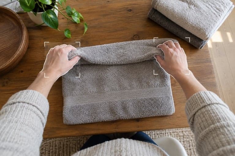 First-person view of two hands folding a towel on a table