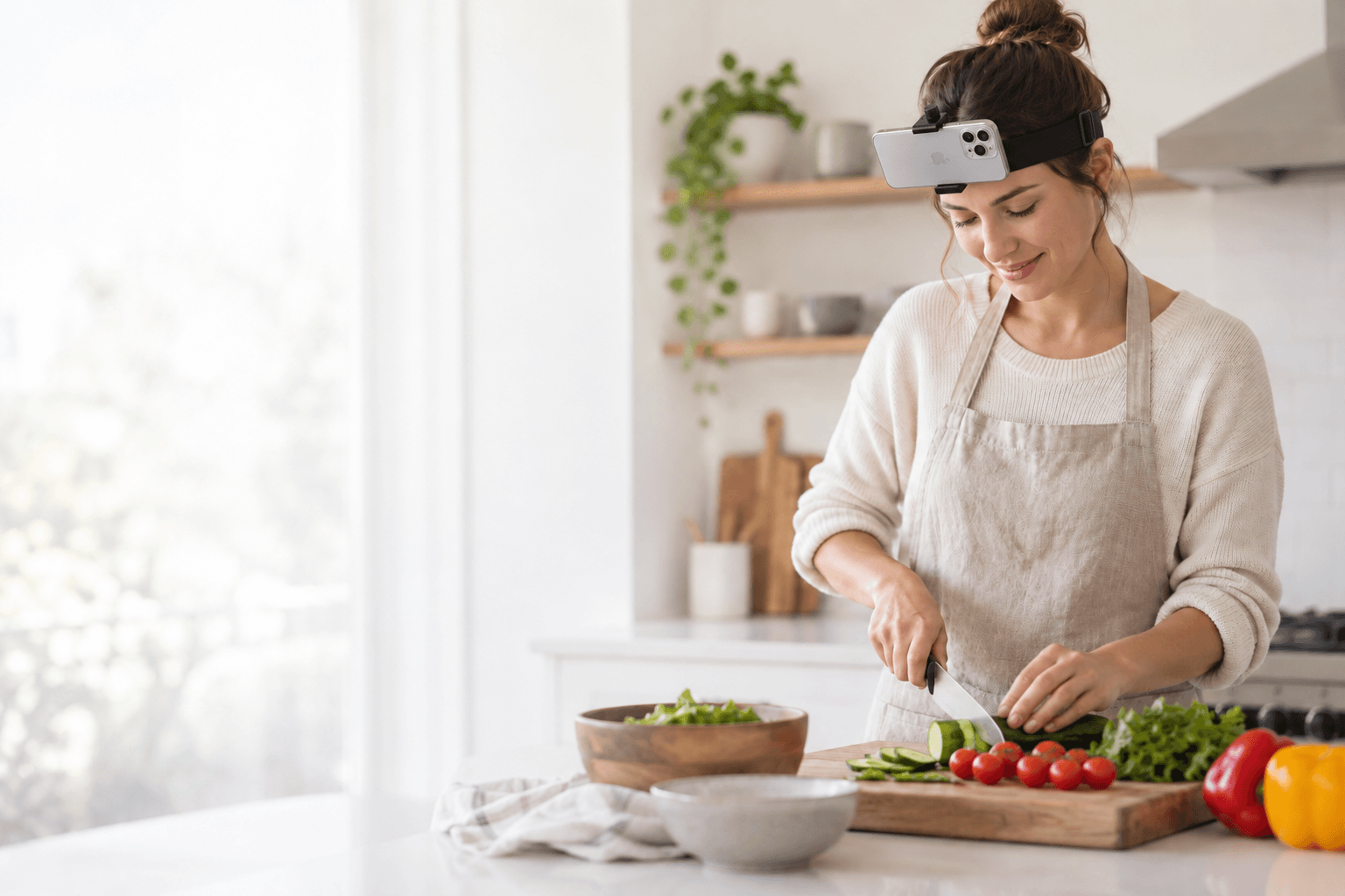 A woman chopping vegetables while filming with a phone strapped to her forehead
